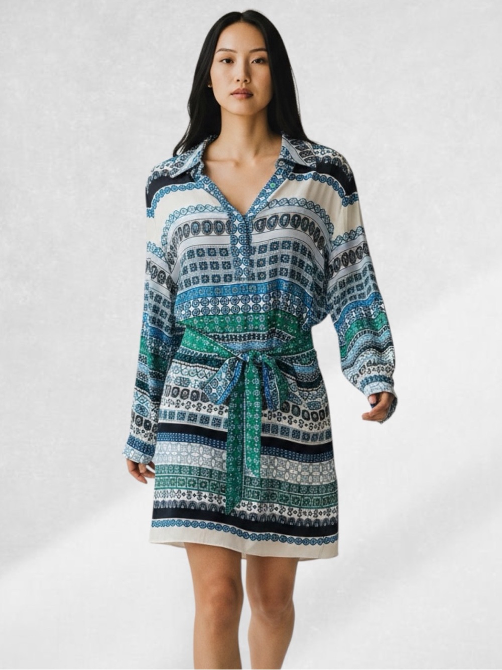 Diane Von Furstenburg Blue & Green Printed Belted Shirt Dress